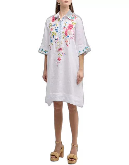 Julie Floral-Embroidered Linen Shift Dres