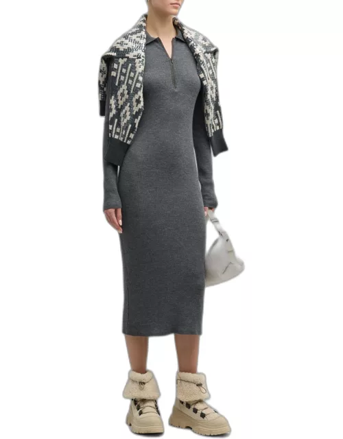 English Ribbed Body-Con Midi Cashmere Dress with Monili Zip Placket
