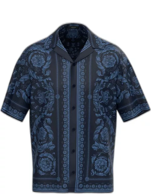 Men's Baroque-Print Silk Short-Sleeve Shirt