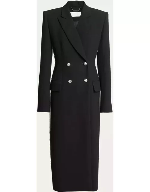 Crystal Arrow Double-Breasted Wool Crepe Long Tailored Coat
