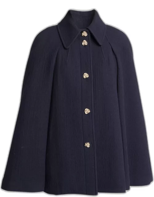 Waffle Wool Short Cape Coat with Knot Button