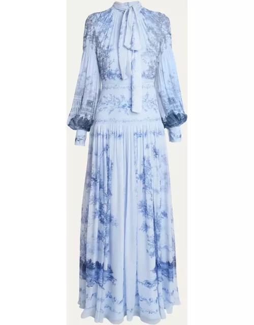 Printed Scarf-Neck Silk Gown