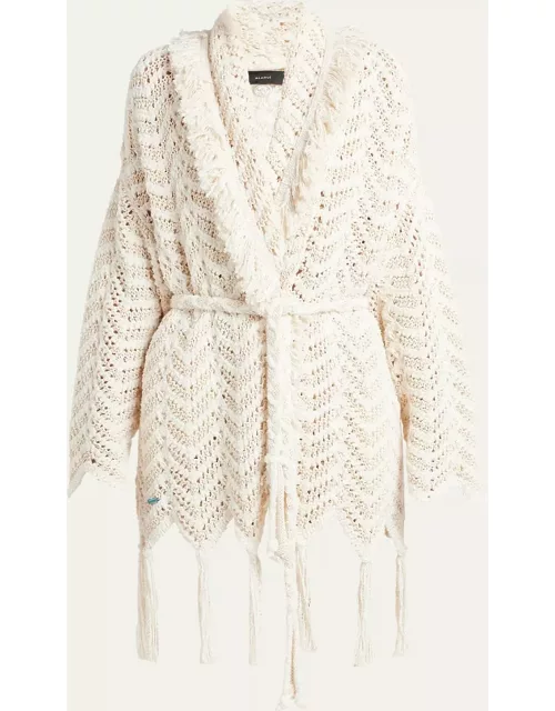 Natural Chevron Belted Cardigan with Fringe