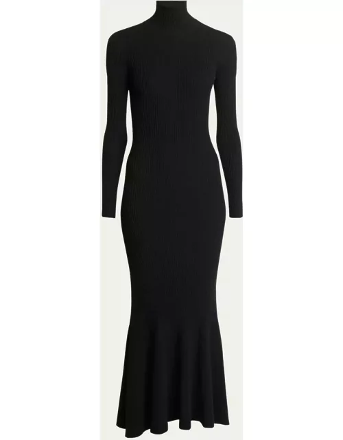 High-Neck Ribbed Cashmere Wool Flounce Dres