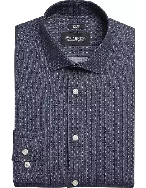 Awearness Kenneth Cole Men's Slim Fit Print Spread Collar Dress Shirt Navy Fancy