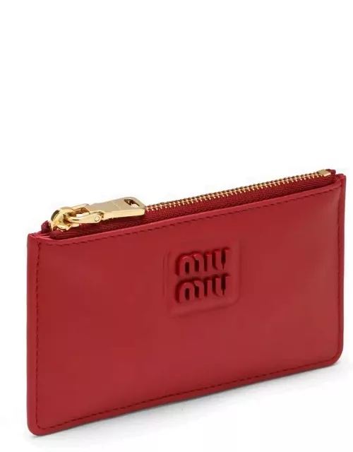 Red leather card holder with logo