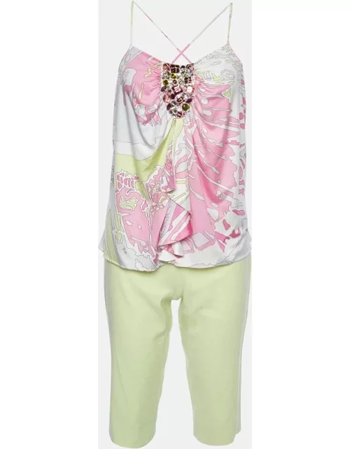 Emilio Pucci Multicolor Printed Jersey Camisole & Green Cotton & Linen Capri Pants