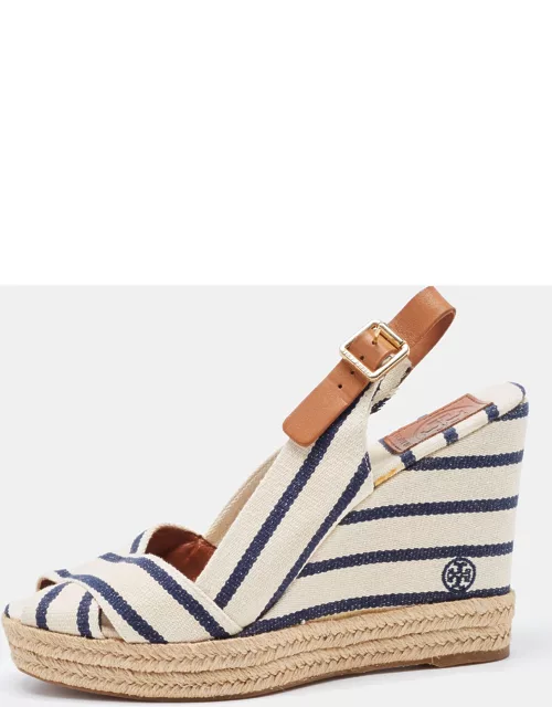 Tory Burch Navy Blue/White Striped Canvas Espadrille Wedge Sandal