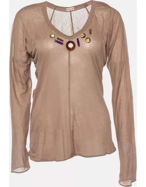 Marni Brown Cotton knit Embellished Detail Long Sleeve Top