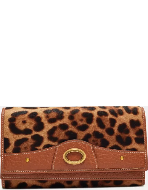 Dolce & Gabbana Brown/Beige Leopard Print Calfhair and Leather Double Flap Continental Wallet