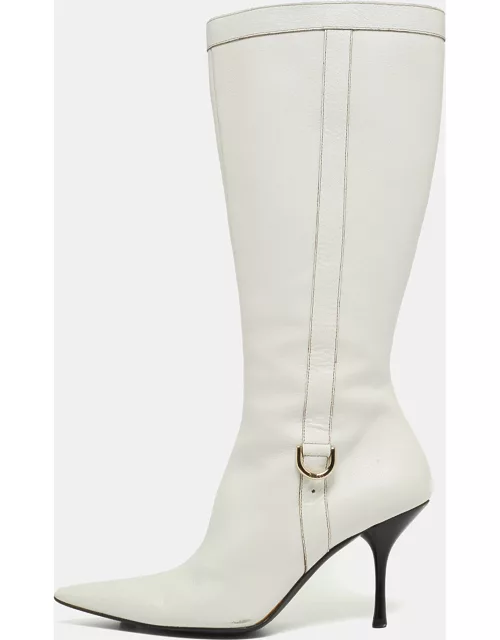 Gucci White Leather Pointed Toe Knee Length Boot