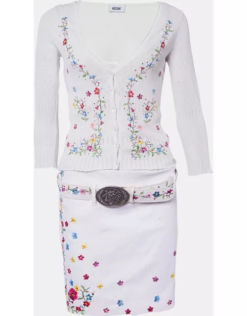 Moschino White Perforated Knit Embroidered Camisole Cardigan & Cotton Belted Skirt Set