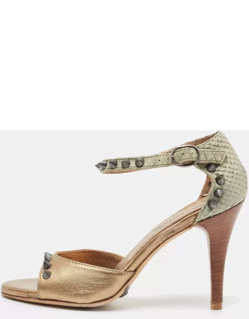 Zadig & Voltaire Two Tone Leather and Embossed Python Studded Ankle Strap Sandal