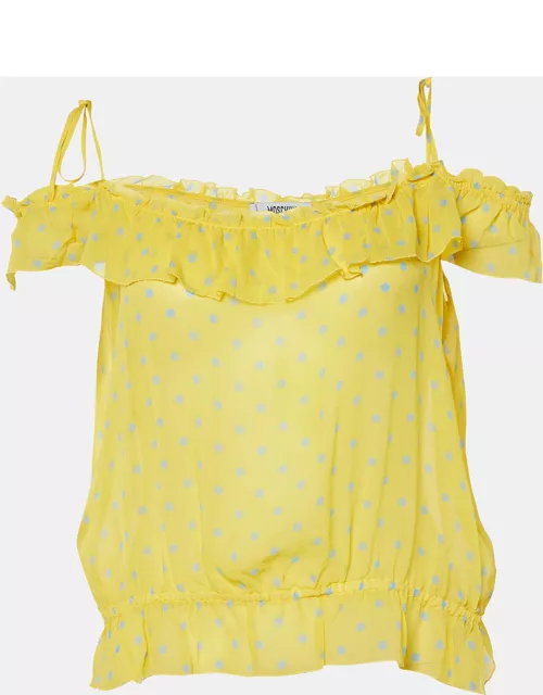 Moschino Cheap and Chic Yellow Polka Dot Printed Silk Ruffle Detail Top