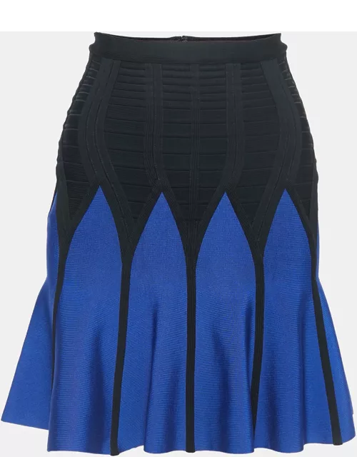 Herve Leger Black/Blue Knit Flared Mini Skirt