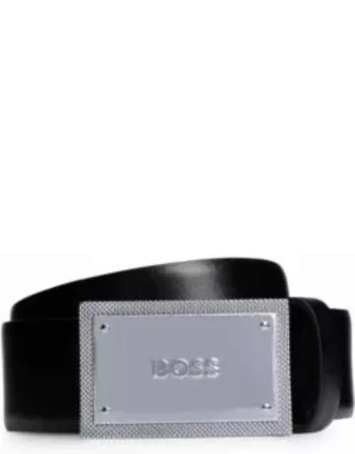 Italian-leather belt with branded plaque buckle- Black Men's Business Belt