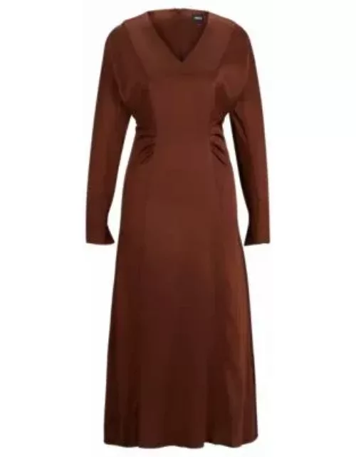 Gathered-detail regular-fit dress in soft satin- Brown Women's Business Dresse