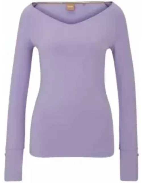 Slim-fit top with metal cuff buttons- Purple Women's Casual Top