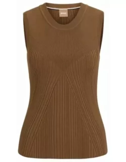Sleeveless knitted top with ribbed structure- Light Brown Women's Casual Top