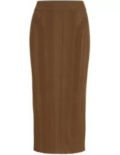 Knitted pencil skirt with ribbed structure- Light Brown Women's Casual Skirt