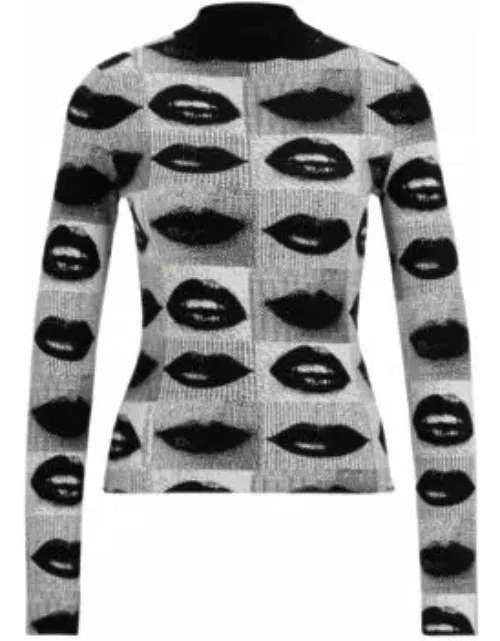 Mock-neck sweater with lips jacquard- Patterned Women's Sweater