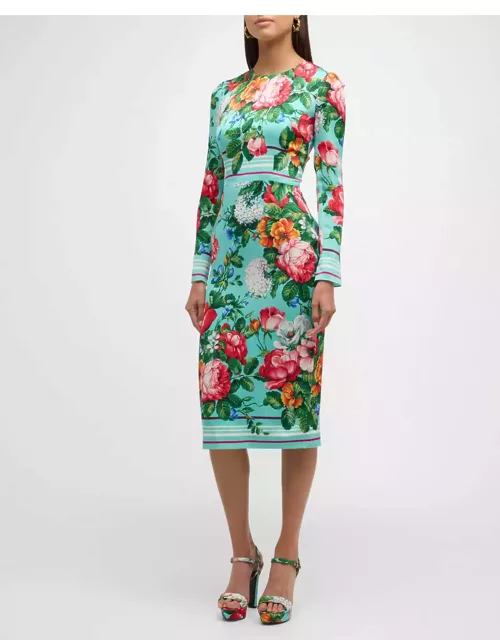 Floral Stripe-Print Long-Sleeve Midi Dres