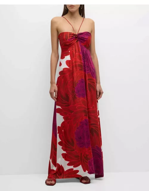 Rhea Sleeveless Floral-Print Halter Maxi Dres