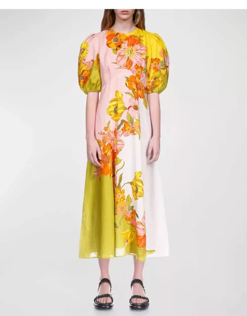 Silas Puff-Sleeve Floral Linen Midi Dres