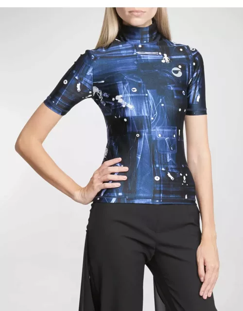 Abstract-Print Mock-Neck Short-Sleeve Fitted Top