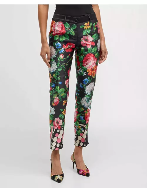 Mid-Rise Floral-Print Slim-Leg Ankle Silk Pant