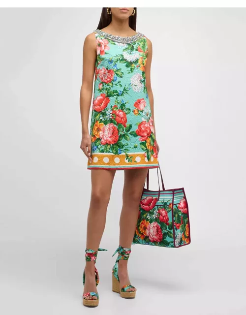 Floral Border-Print Crystal Sleeveless Jacquard Mini Dres
