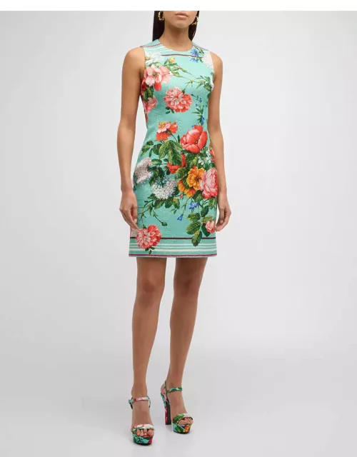 Floral-Print Sleeveless Metallic Jacquard Mini Dres