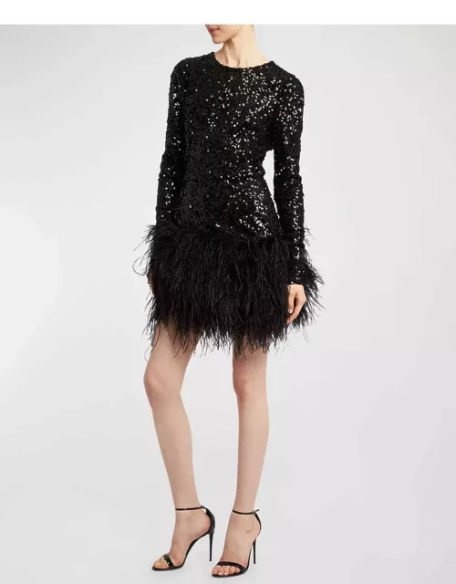 Sequin Long-Sleeve Mini Dress With Ostrich Feather Tri