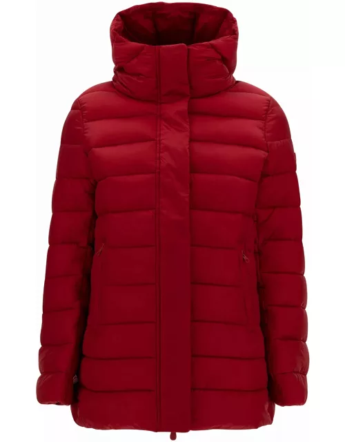 Save the Duck drimia Long Red Down Jacket With Tonal Logo Patch In Shiny Leather Woman