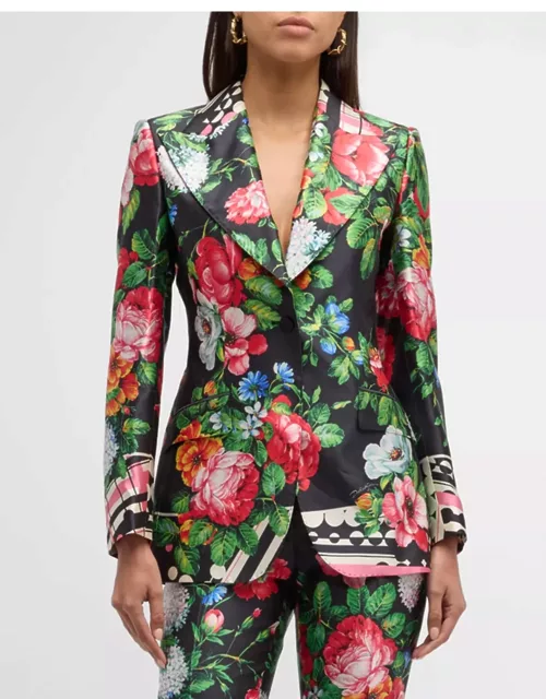 Floral-Print Single-Breasted Silk Blazer Jacket
