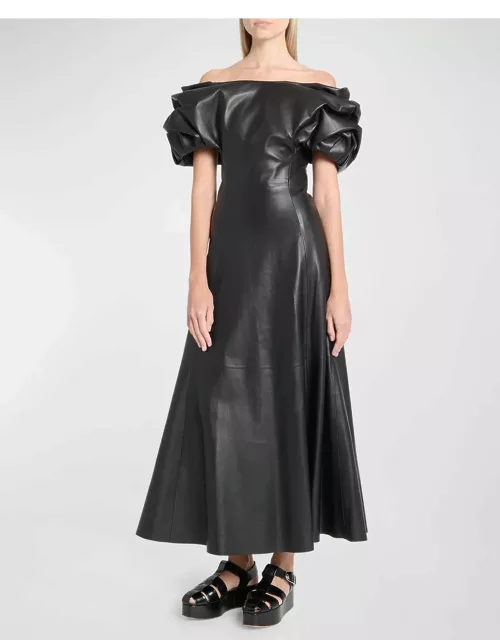 Gwyneth Puff-Sleeve Off-The-Shoulder Leather Maxi Dres