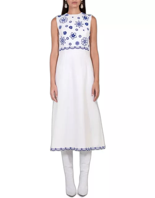 Andrew GN Floral Embroidered Crepe Midi Dres