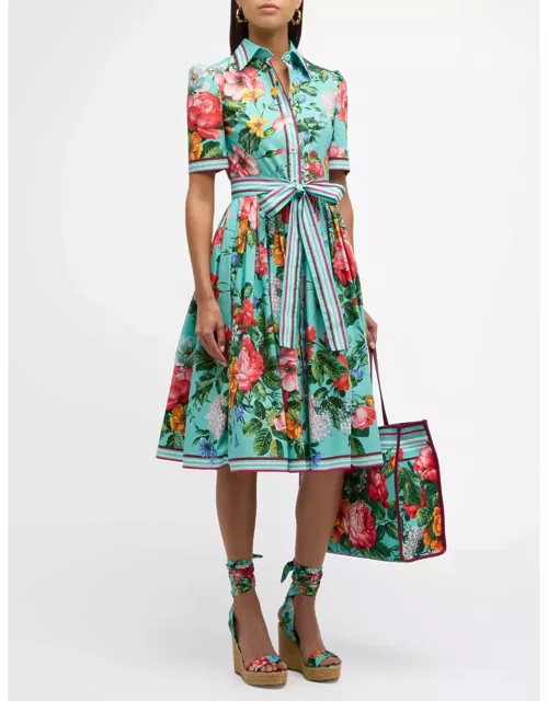 Floral-Print Short-Sleeve Belted Midi Shirtdres