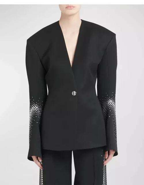 Strass Embellished Curved-Sleeve Single-Breasted Blazer Jacket