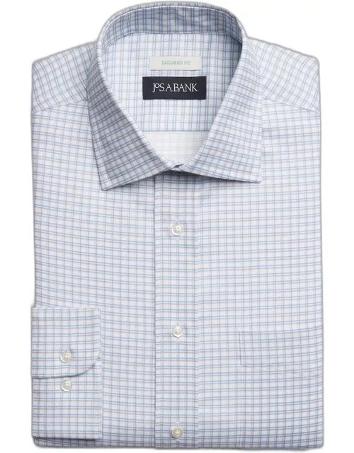 JoS. A. Bank Men's Tailored Fit Check Spread Collar Print Dress Shirt, White, 16 34