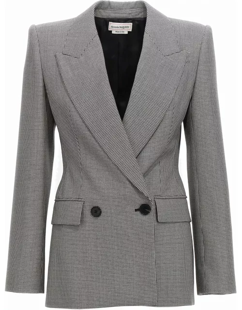 Alexander McQueen Grey Double-breasted Jacket With Houndstooth Motif In Wool Woman