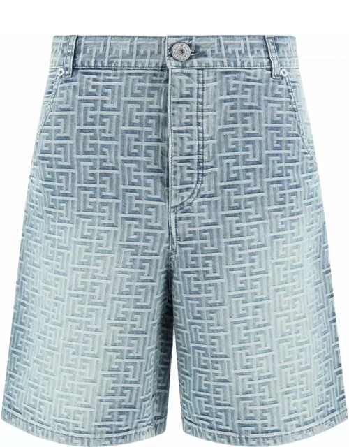 Balmain Blue Denim Straight Shorts With Monogra