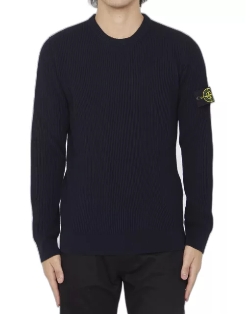 Stone Island Navy Blue Ribbed Knitted Crew Neck Sweater