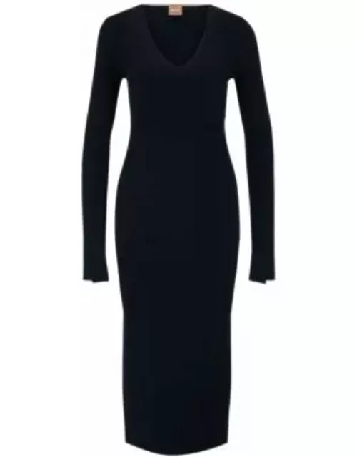 Long-sleeved knitted dress with ribbed structure and V neckline- Dark Blue Women's Knitted Dresse
