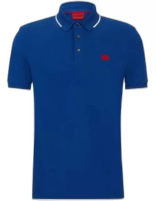 Cotton-piqu slim-fit polo shirt with red logo label- Blue Men's Polo Shirt