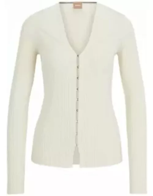 Ribbed cardigan in stretch fabric with hook closures- White Women's Cardigan