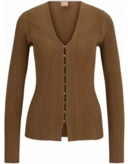 Ribbed cardigan in stretch fabric with hook closures- Light Brown Women's Cardigan