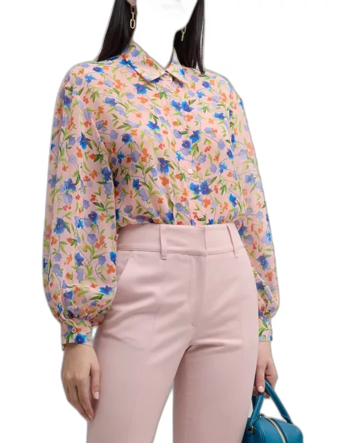 Floral-Print Button-Front Top with Balloon Sleeve