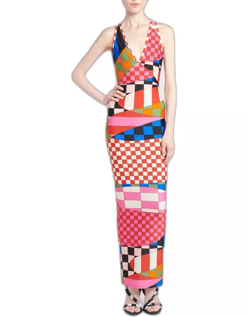 Plunging Abstract-Print Sleeveless Maxi Dres
