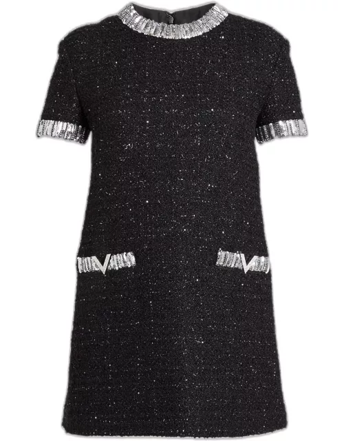 Tweed Embroidered Mini Dress with Patch Pocket